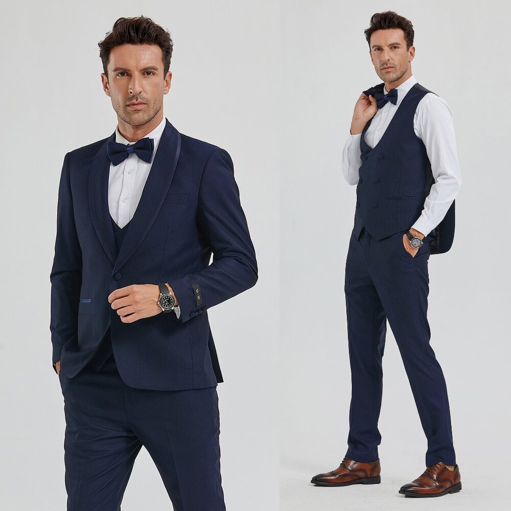 Men's 3pc Tuxedo/Suit, Navy w/ Double Breasted Vest and Bowtie by Tazzio